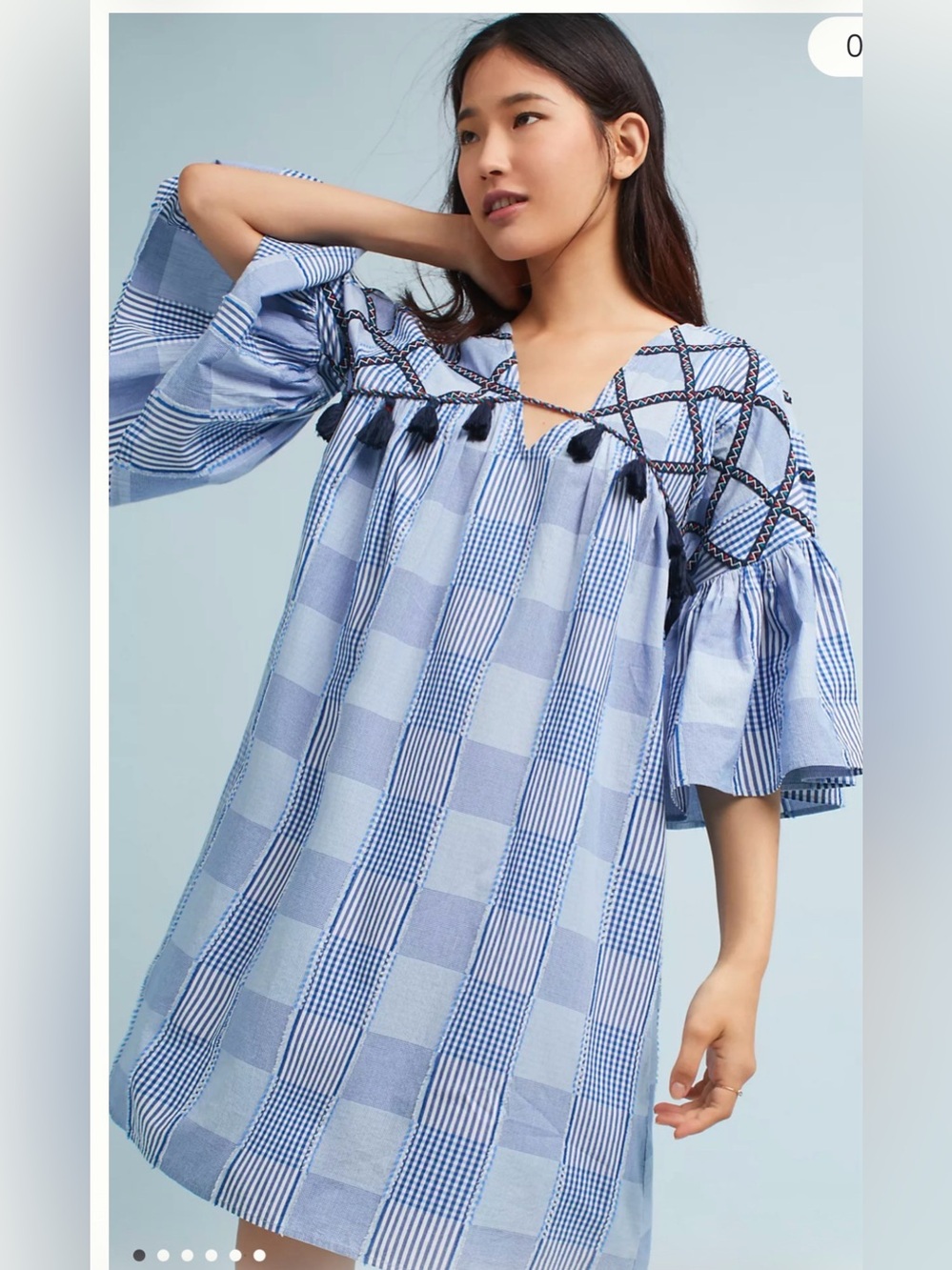 Maeve Boho Blue Stripe & Gingham Tunic Top with Navy Tassel Trim